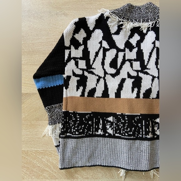Attitudes by Renee Cardigan Sweater Fringe Black White Funky Whimsical Eclectic - Picture 4 of 9